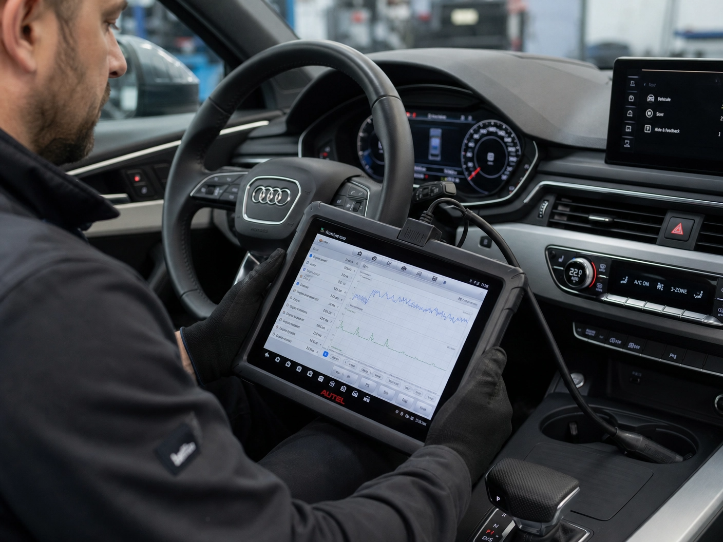 Technician using an automotive diagnostic scan tool