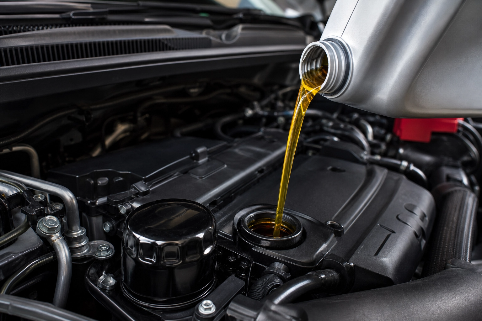 Motor oil being poured during vehicle maintenance