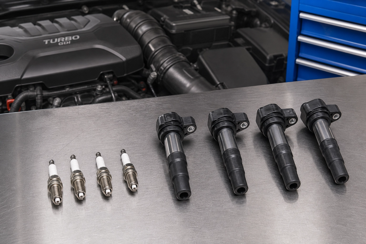 Spark plugs and tune-up parts on a workbench